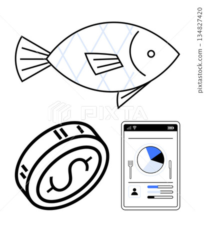 Finance, analytics, data tracking, diet management, resource allocation, monetary value. Fish, coin and mobile display with chart and graphs. Finance and analytics concept 134827420