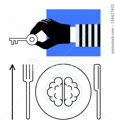Mental growth, education, problem-solving, creativity, critical thinking, self-development. A hand holds a key, and a brain is served on a plate with cutlery. Mental growth and education 134827425