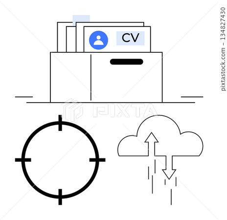 Recruitment, data management, cloud storage, job sourcing, human resources, efficiency. A CV folder, target crosshair and cloud upload icon. Recruitment and data management Recruitment, data management, cloud storage, job sourcing, human resources, efficiency. A CV folder, target crosshair and cloud upload icon. Recruitment and data management 134827430