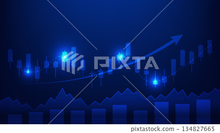 stock market chart. candlesticks with bar graph and arrow up on blue background 134827665