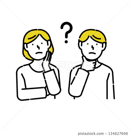 Illustration of a man and woman tilting their heads and thinking | Doubt, question, confusion, choice 134827698