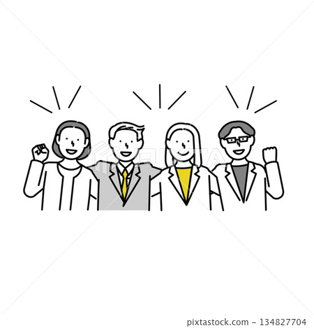 Upper body illustration of a man and woman in suits putting their arms around each other's shoulders | Trust, cooperation, teamwork Upper body illustration of a man and woman in suits putting their arms around each other's shoulders | Trust, cooperation, teamwork 134827704