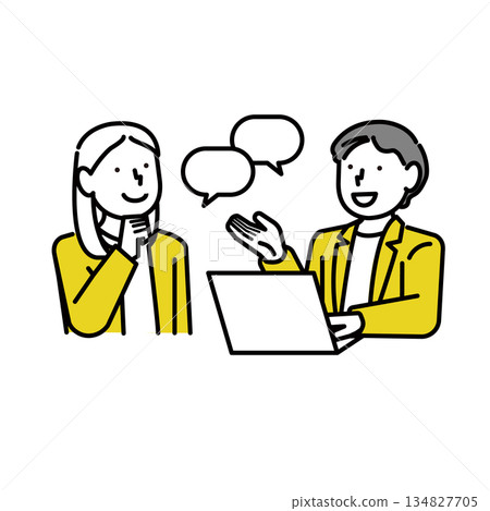 Upper body illustration of a man and woman in a suit talking while looking at a PC: Meeting: Explanation 134827705