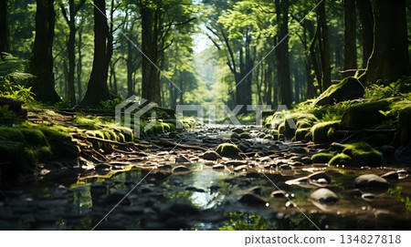 一條清澈的小溪流經茂密的森林。 134827818