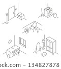 Set of five minimalist linear isometric interior corner illustrations including hallway, laundry area, home office workspace, wardrobe zone and balcony terrace. 134827878