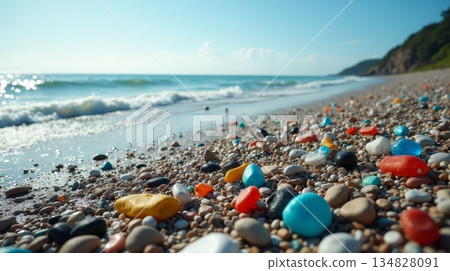 Colorful plastic waste scattered on pebble beach with ocean waves in background. Marine pollution and environmental contamination concept Colorful plastic waste scattered on pebble beach with ocean waves in background. Marine pollution and environmental contamination concept 134828091