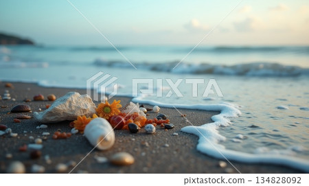 Plastic waste, shells, and flowers on sandy beach near ocean waves. Environmental pollution and marine conservation concept 134828092