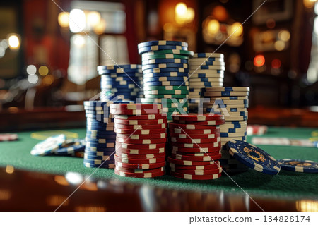 Poker chips on blur background. Generation AI Poker chips on blur background. Generation AI 134828174