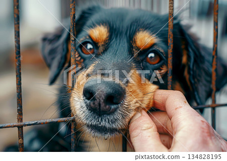 man hold Sad large dogs caught in cage. Generative AI 134828195