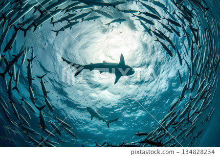 sharks forming a circle. Exploring shark Nature's Splendid Underwater . Generative AI 134828234