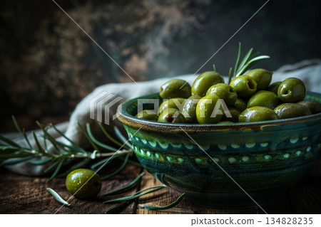 Olives in the bowl on wooden table. healthy food concept. AI generative 134828235