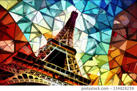 abstract of the beauty Eiffel in Europe. Vintage Style Travel Poster.ai generative 134828239