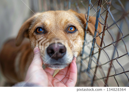 man hold Sad large dogs caught in cage. Generative AI 134828364