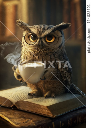 An owl wearing glasses is sitting on an open book in a library 134828501