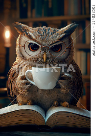 An owl wearing glasses is sitting on an open book in a library 134828502