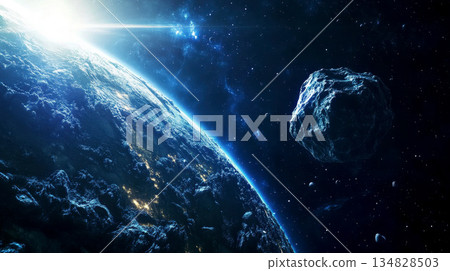 a massive asteroid approaching to a earth planet with a bright sun in the background. a massive asteroid approaching to a earth planet with a bright sun in the background. 134828503