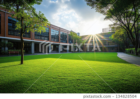 An exterior view of a public school building yard. College or university architecture, an outdoor view of a campus, high school construction, college or university landscape design. 134828504