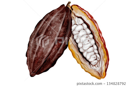 Cocoa beans and pods watercolor composition. Superfood clip art. Hand-drawn watercolor illustration on a white background. For chocolate and cocoa product designs. 134828792