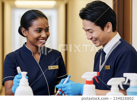 Black women working in the developmental employment system. Hotel room cleaning and professional skills. 134828802