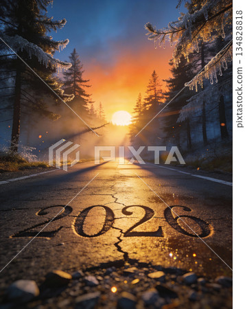 driving on the road to success - 2026 year number on the highway, sunrise or sunset in the new year driving on the road to success - 2026 year number on the highway, sunrise or sunset in the new year 134828818