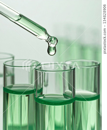 滴管和試管滴出綠色美容精華液 | 護膚成分研究和生物技術圖片 滴管和試管滴出綠色美容精華液 | 護膚成分研究和生物技術圖片 134828906