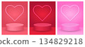 Set of Valentine's Day podiums with a neon heart, pink and red 3D background in a minimalist style for product display and romantic advertising. 134829218