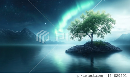 Aurora Borealis over a Tranquil Lake with a... - Stock Illustration ...