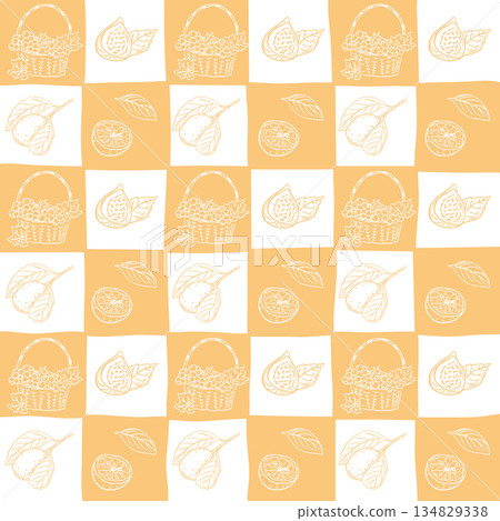 Seamless hand drawn fruit pattern with basket, fig, lemon slice and leaf arranged in repeating square grid on warm yellow background. Concept of freshness 134829338