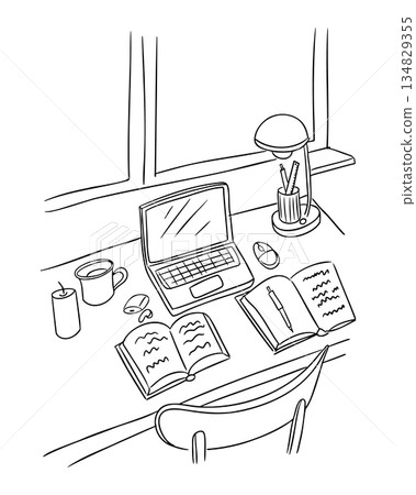 Minimal line art workspace scene with desk, laptop, books, lamp, coffee and study accessories by window. Concept of focus, learning, productivity and working atmosphere Minimal line art workspace scene with desk, laptop, books, lamp, coffee and study accessories by window. Concept of focus, learning, productivity and working atmosphere 134829355