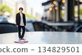 A scene of people enjoying male idol acrylic stands at a cafe. Large copy space on the right. 134829501