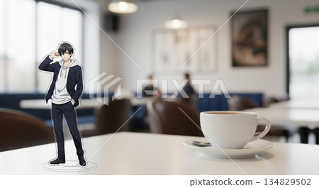 A scene of people enjoying acrylic stands of male characters at a cafe. Large copy space on the right. 134829502
