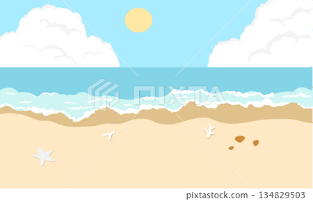Serene Summer Beach Illustration with Blue Sea, Sandy Shore and Seashells Serene Summer Beach Illustration with Blue Sea, Sandy Shore and Seashells 134829503