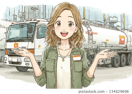 Illustration of a young female staff member explaining the transportation of liquid hydrogen tank trailers 134829696