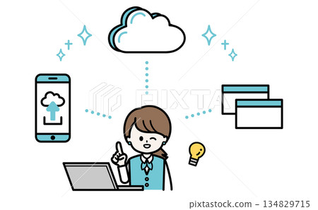 Illustration of female staff making their work easier with cloud services Illustration of DX, data management, and business efficiency 134829715
