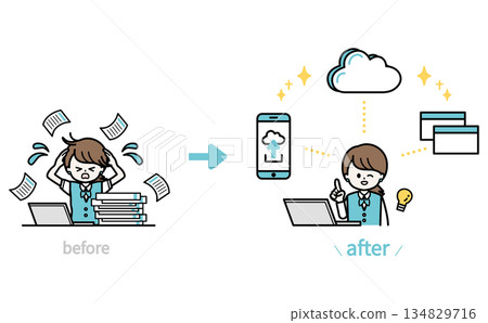 A simple flat design illustration of a female staff member solving problems by streamlining work efficiency. Digital transformation 134829716