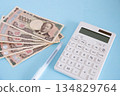 Calculator, money and pen 134829764