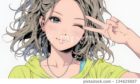 A young woman making a peace sign and winking next to her face like an idol 134829887