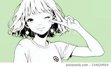 一位年輕女子比出和平手勢，像偶像一樣眨眼（色彩簡潔） 134829924