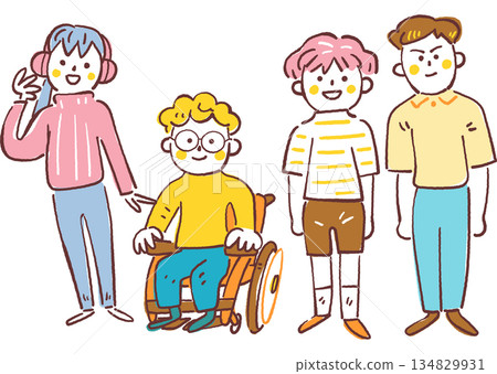 笑容燦爛、個性鮮明的孩子們，還有一個坐在輪椅上的男孩，他們是接受融合教育的小學生，向量圖。 134829931