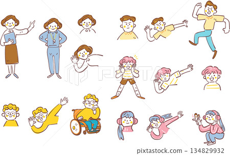 Teacher and student facial expression pose set, diverse school life, variation illustration 134829932
