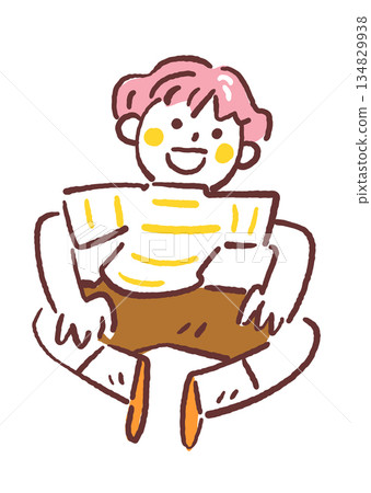 一個放鬆的孩子以體操坐姿聆聽故事，他是融合教育中的小學生，插圖 134829938