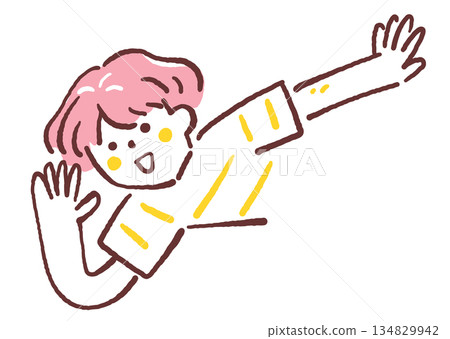 Illustration of a child waving his hand and calling out cheerfully, elementary school student in inclusive education, attention 134829942