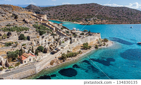 Spinalonga Venetian Fortress. Pristine Waters. Aerial Take Shot. Crete. Greece 134830135