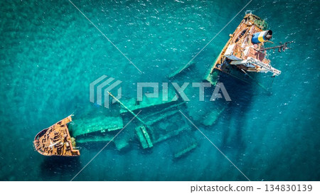 Manassa Rose Shipwreck. Crete. Greece. 90 degree Aerial Shot. Cargo Ship. Blue Manassa Rose Shipwreck. Crete. Greece. 90 degree Aerial Shot. Cargo Ship. Blue 134830139