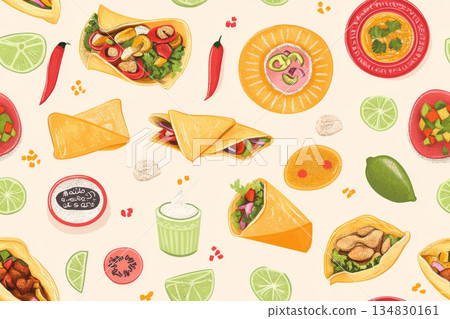 Assorted Mexican food items including tacos, burritos, and salsa with vegetables 134830161