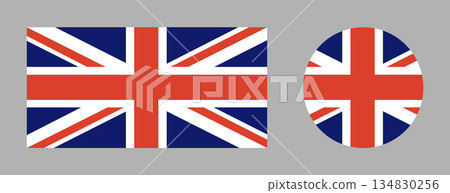 United Kingdom flag round, rectangular icon. UK flag symbol. Official color scheme. Set of British flag in circle, rectangle. Circular button, banner. National sign. 134830256