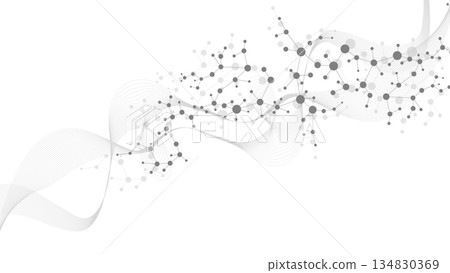 Modern abstract molecules structure for science or medical background. DNA helix or atom visualization. Molecular wave flow abstract background, illustration 134830369