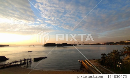 Morning view of the Seto Inland Sea and Shimotsui Seto Bridge from Mt. Washu 134830473