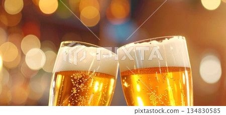 Draft beer poured into a beautifully illuminated glass 134830585