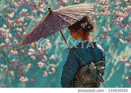 Visitor joyfully rings the charming bell at the local cafe garden 134830595